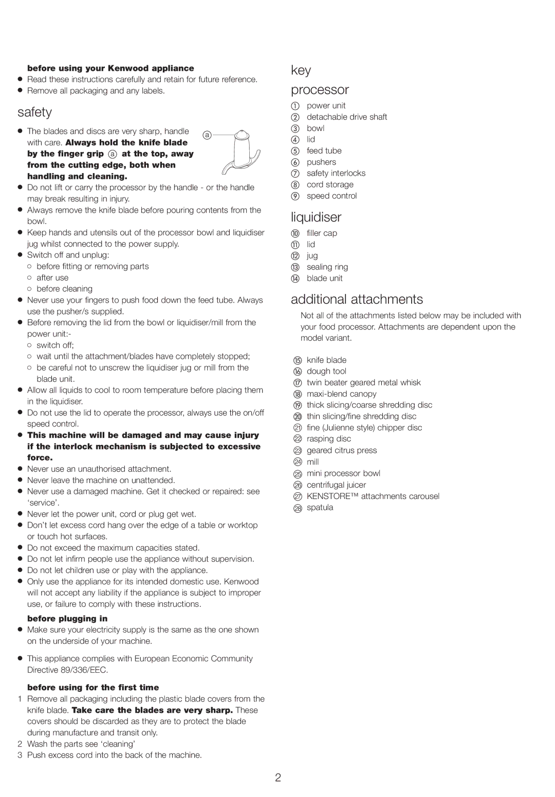 Kenwood FP730 series manual Safety, Key Processor, Liquidiser, Additional attachments 