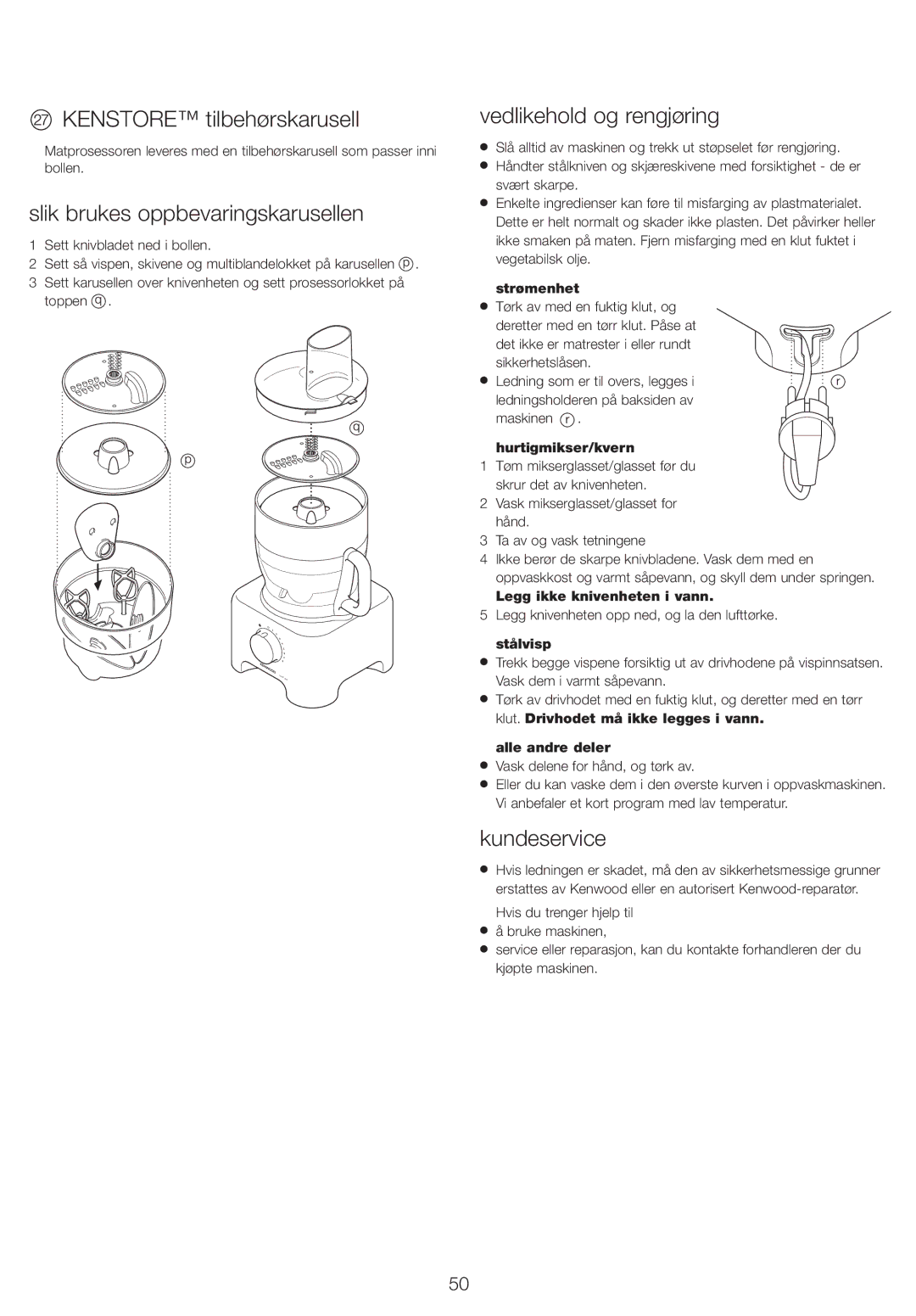 Kenwood FP730 series manual Kenstore tilbehørskarusell, Slik brukes oppbevaringskarusellen, Vedlikehold og rengjøring 