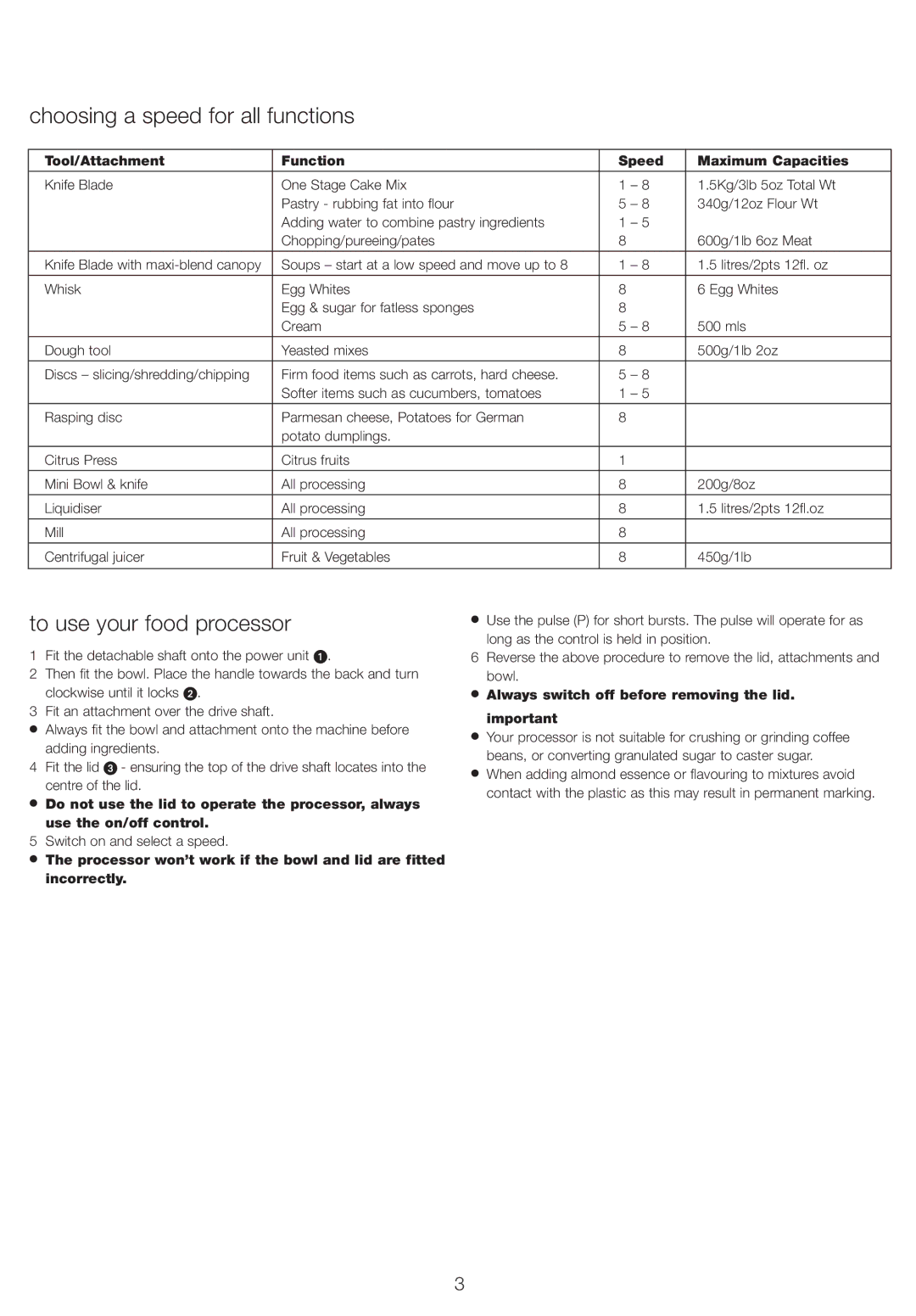 Kenwood FP730 series manual Choosing a speed for all functions, To use your food processor 