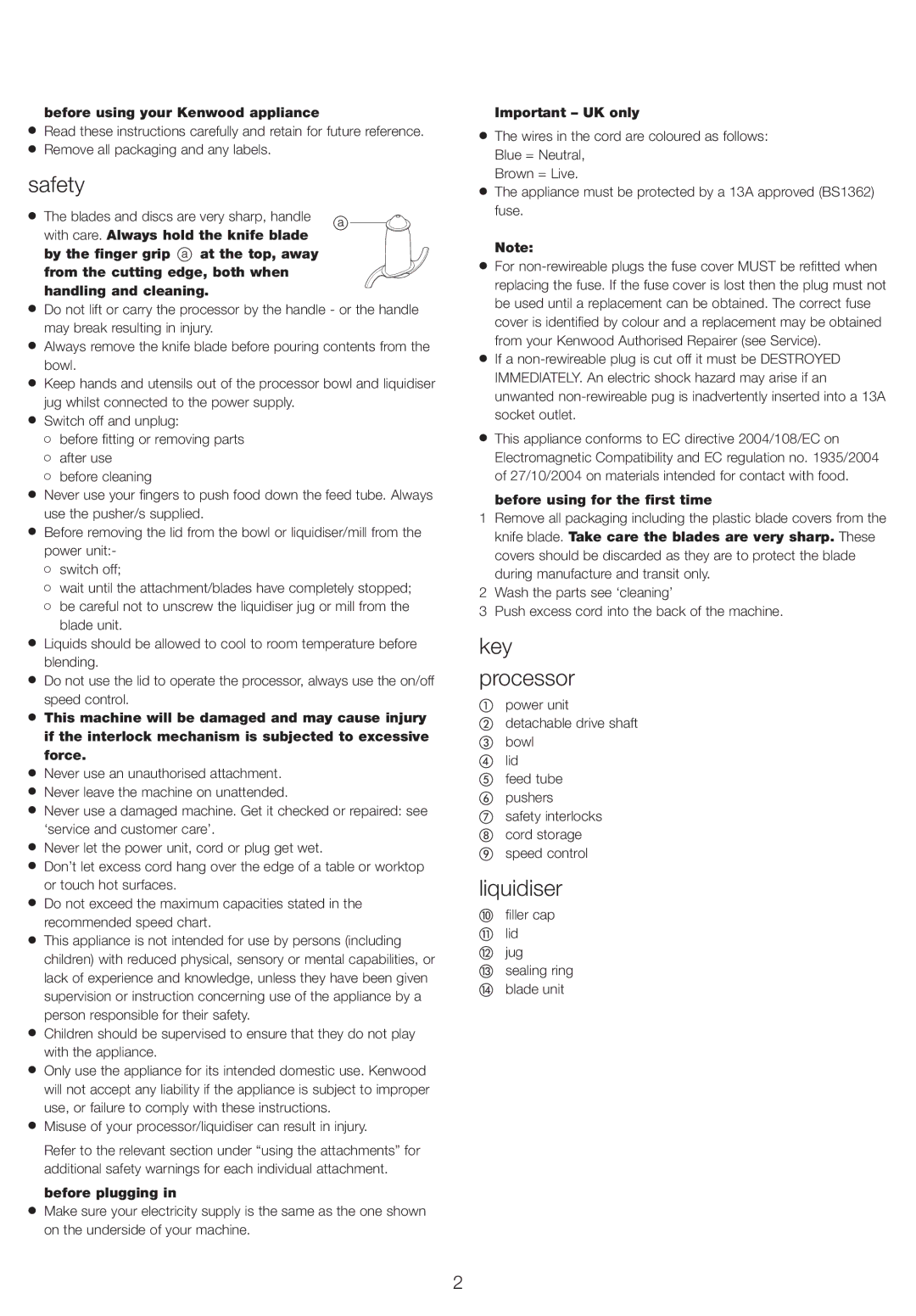 Kenwood FP730 manual Safety, Key Processor, Liquidiser 