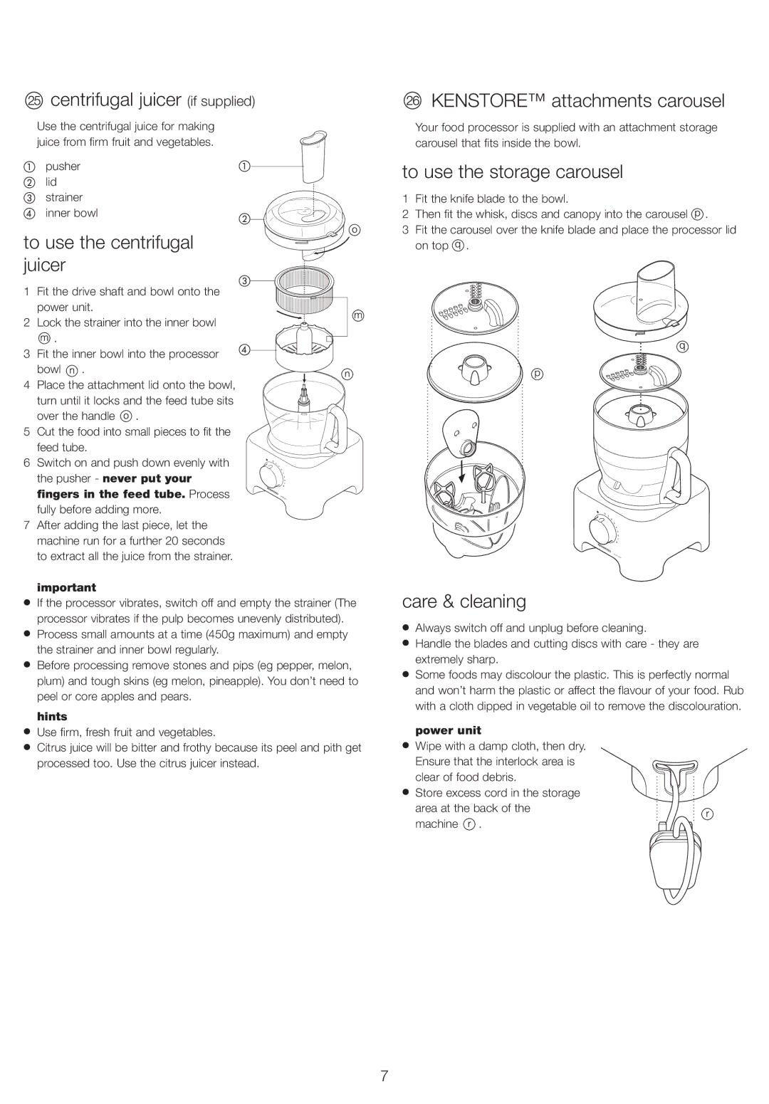 Kenwood FP730 Centrifugal juicer if supplied, Kenstore attachments carousel, To use the storage carousel, Care & cleaning 