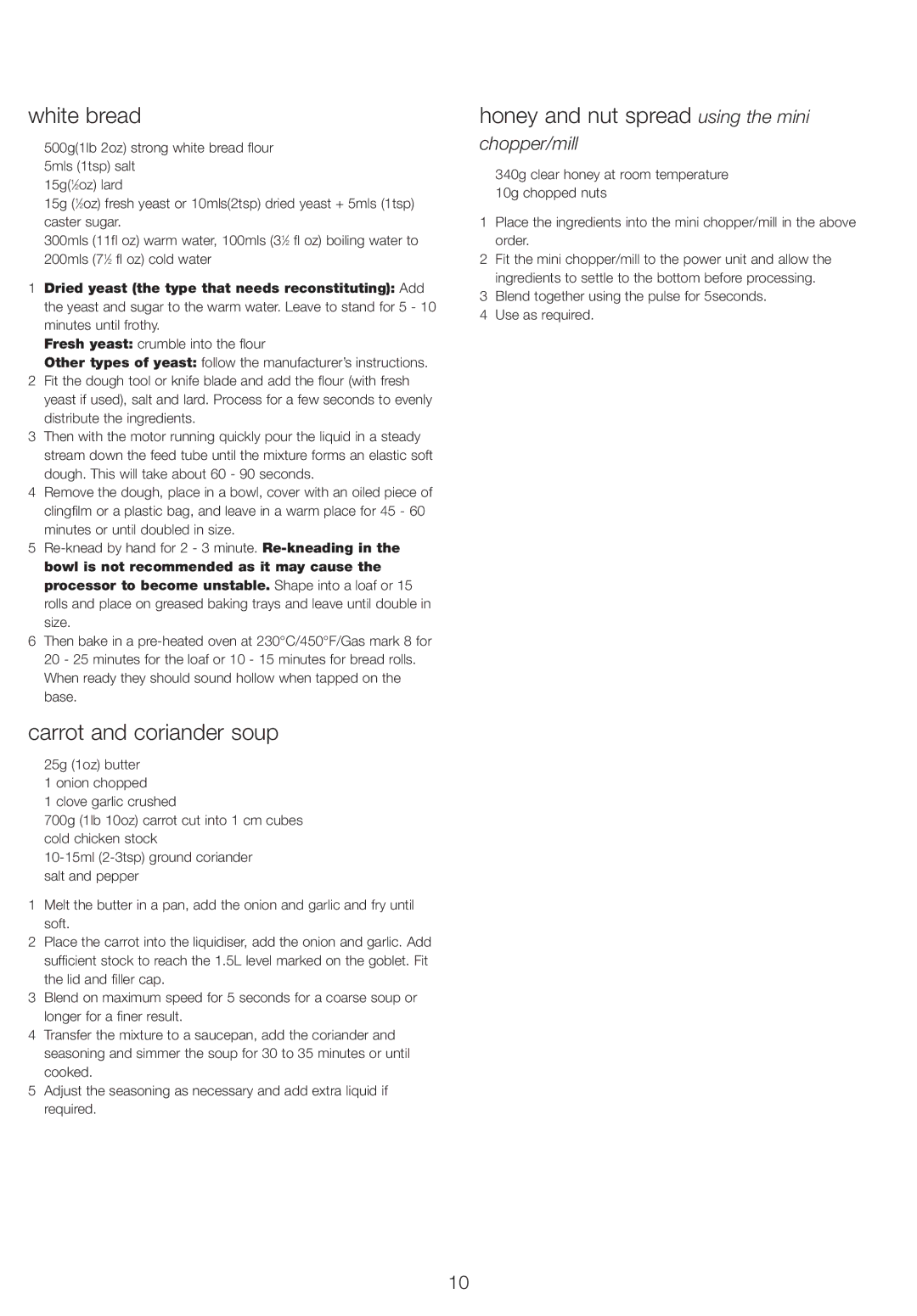 Kenwood FP734, FP735 manual White bread, Carrot and coriander soup, Honey and nut spread using the mini 