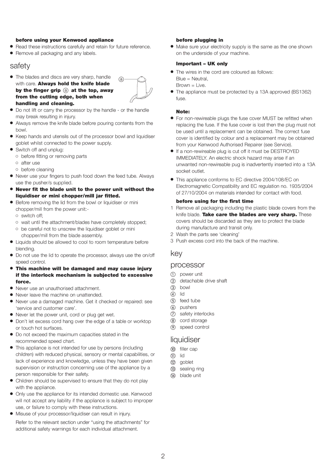 Kenwood FP734, FP735 manual Safety, Key Processor, Liquidiser 