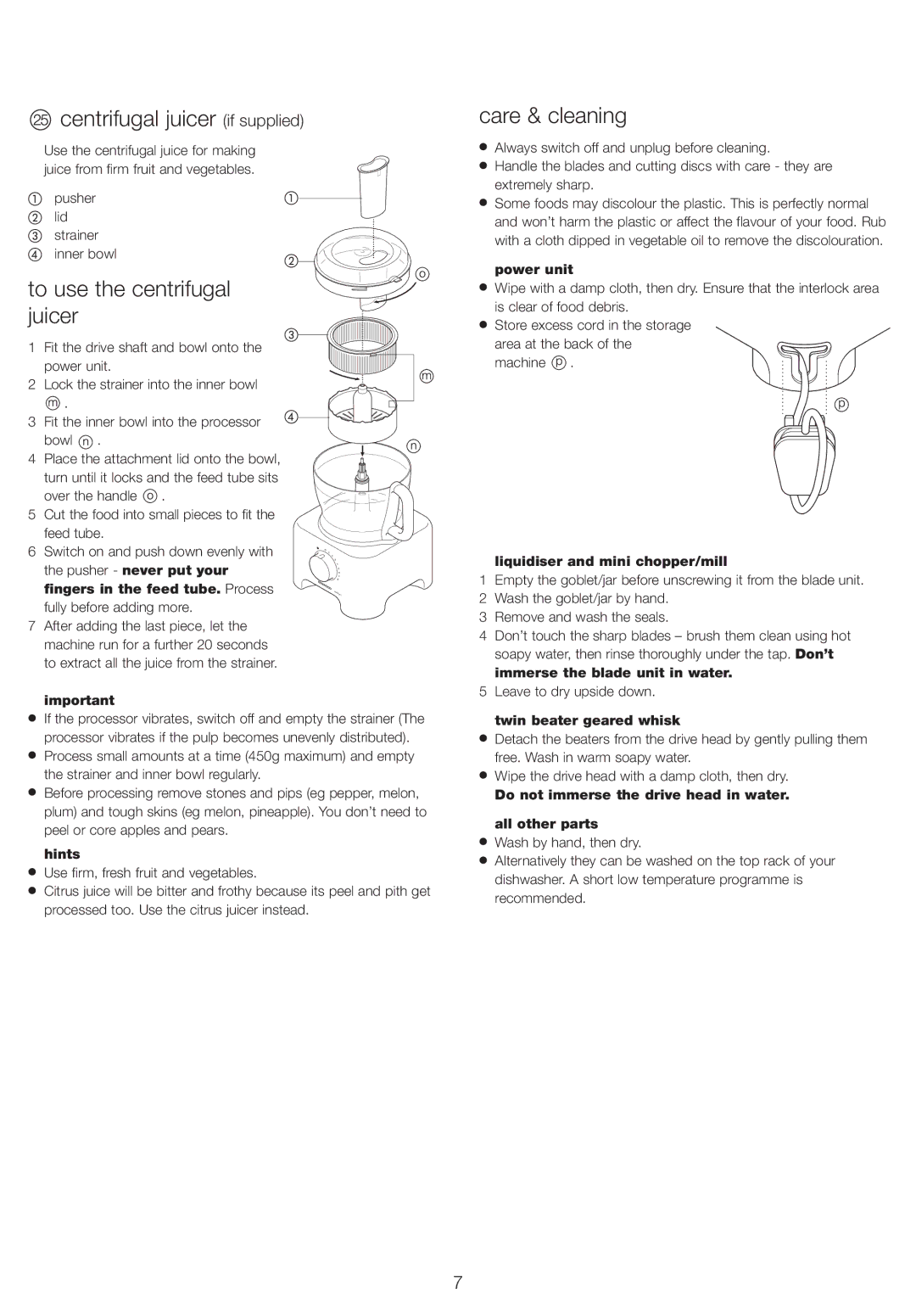 Kenwood FP735, FP734 manual Centrifugal juicer if supplied, Care & cleaning, To use the centrifugal juicer 