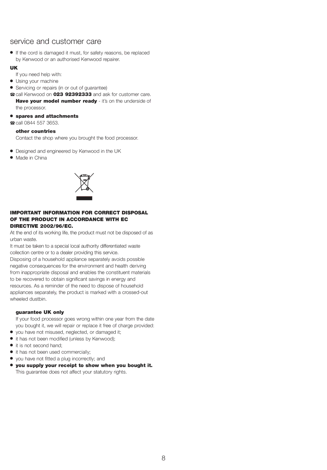 Kenwood FP734, FP735 manual Service and customer care, Spares and attachments, Other countries, Guarantee UK only 