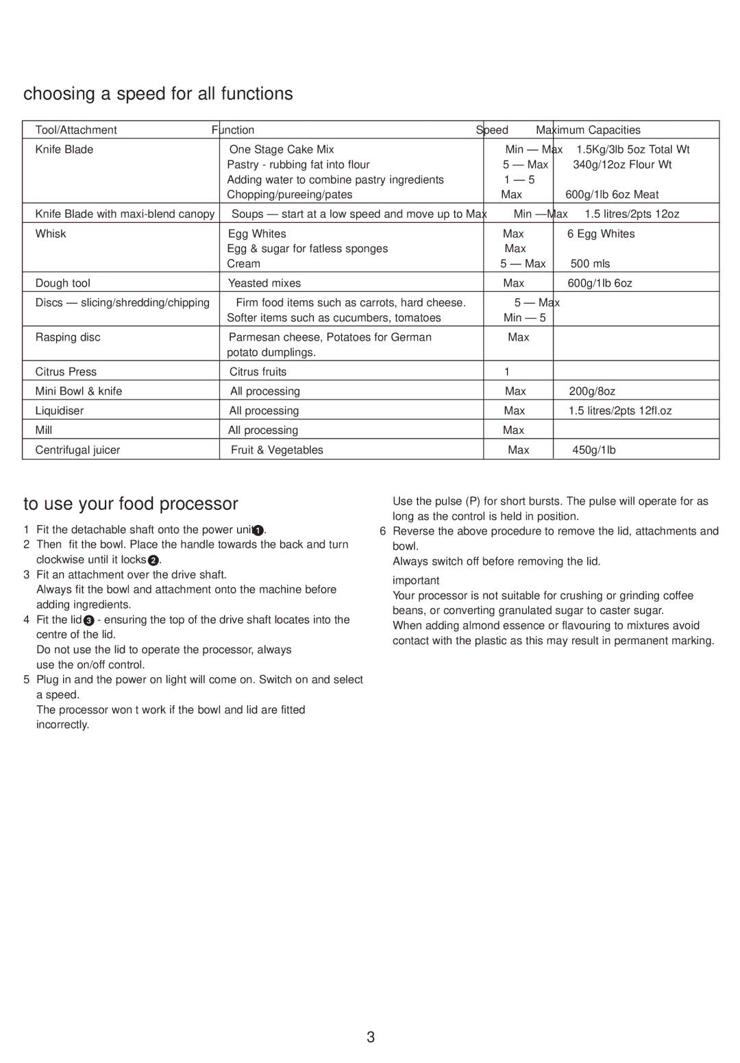 Kenwood FP920, FP910, FP930, FP905 manual Choosing a speed for all functions, To use your food processor 