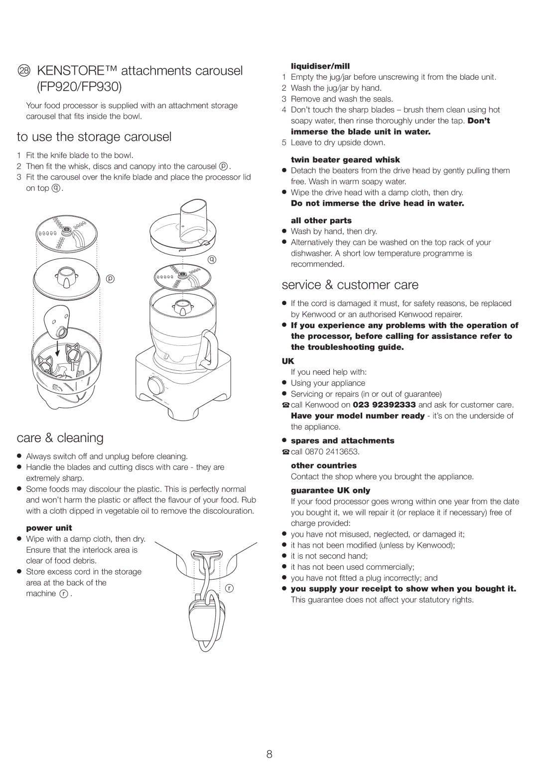 Kenwood FP910, FP905 manual Kenstore attachments carousel FP920/FP930, To use the storage carousel, Care & cleaning 