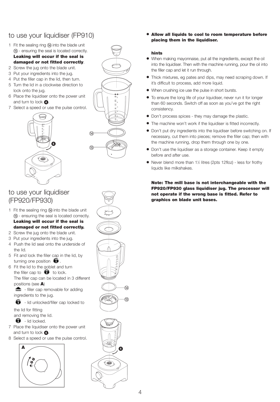 Kenwood FP905 manual to use your liquidiser FP910, to use your liquidiser FP920/FP930 