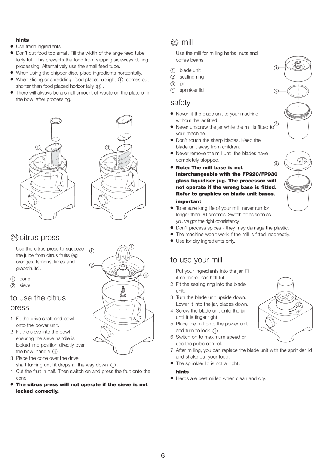 Kenwood FP905, FP920, FP910, FP930 manual to use your mill, to use the citrus press, safety 