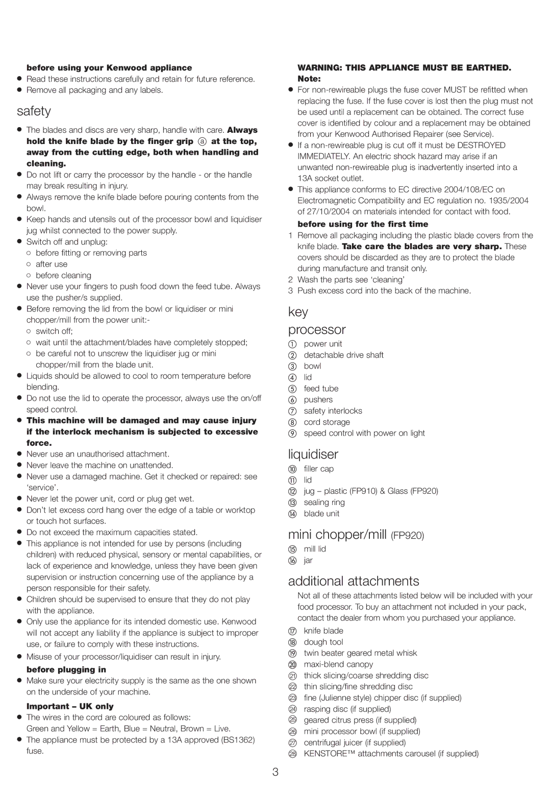 Kenwood FP920 series, FP910 series manual Safety, Key processor, Liquidiser, Mini chopper/mill FP920, Additional attachments 