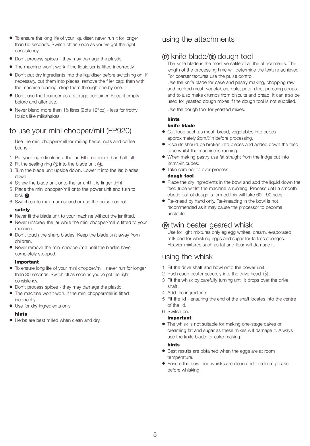 Kenwood FP920 series To use your mini chopper/mill FP920, Using the attachments Knife blade/ dough tool, Using the whisk 