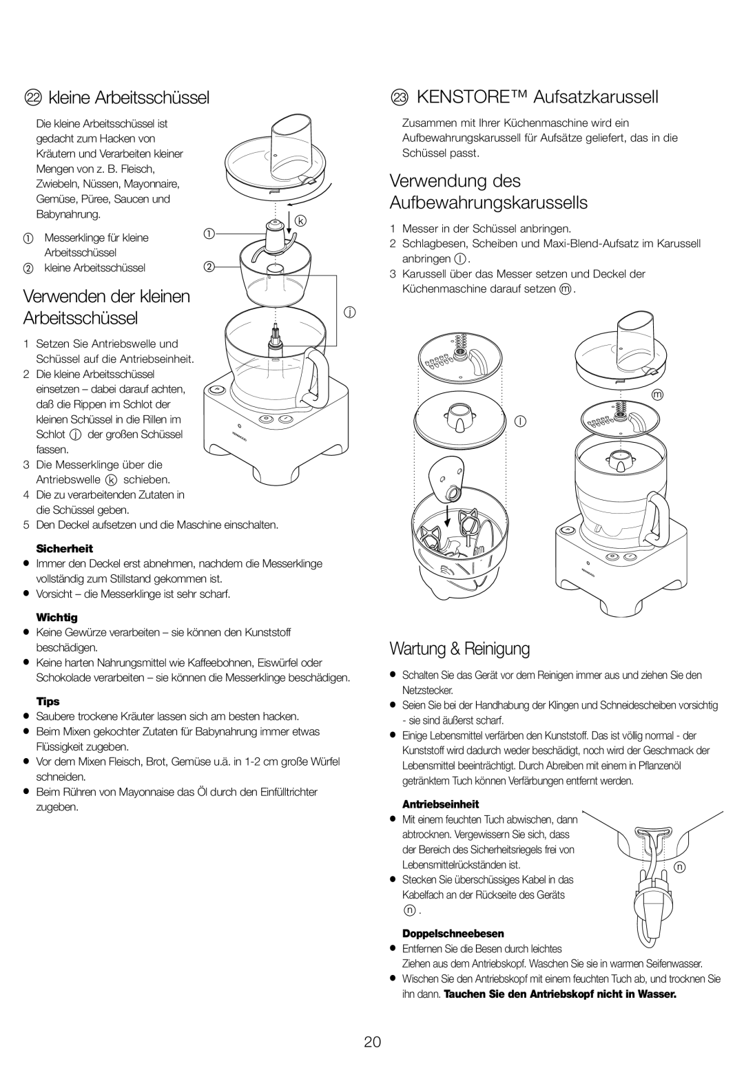 Kenwood FP940 series manual Kleine Arbeitsschüssel, Verwenden der kleinen Arbeitsschüssel, Kenstore Aufsatzkarussell 