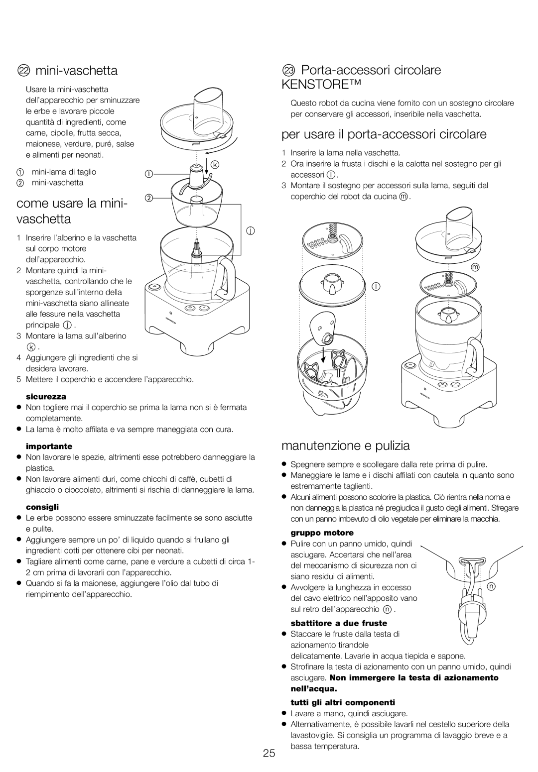 Kenwood FP940 series Mini-vaschetta, Come usare la mini- vaschetta, Porta-accessori circolare, Manutenzione e pulizia 