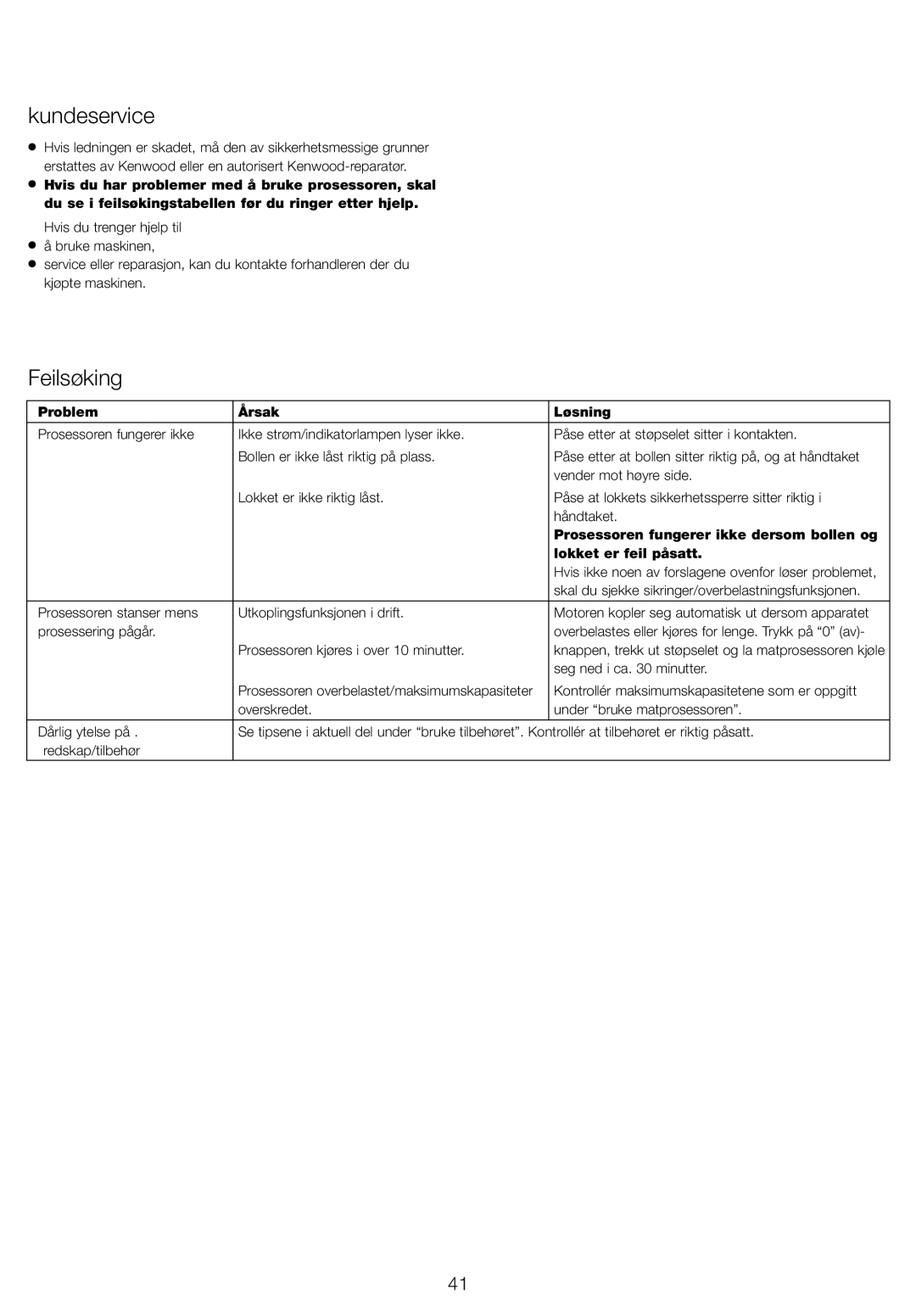 Kenwood FP940 series manual Kundeservice, Feilsøking, Problem Årsak Løsning, Prosessoren fungerer ikke dersom bollen og 