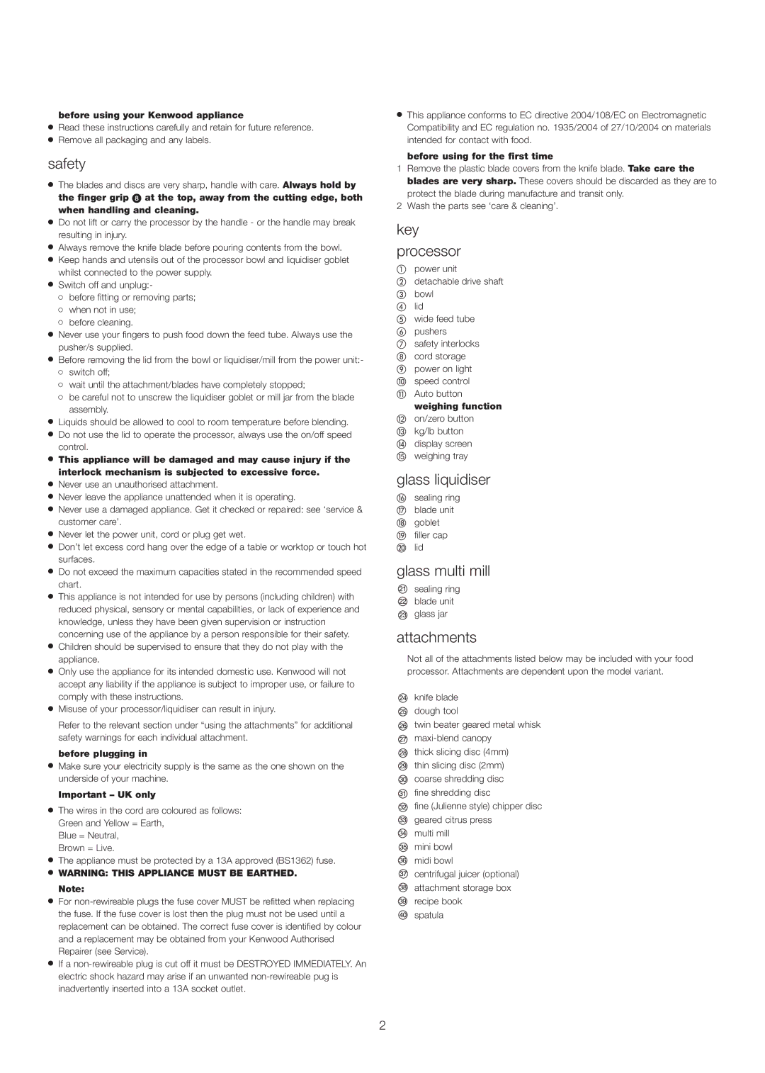 Kenwood FP980 manual Safety, Key Processor, Glass liquidiser, Glass multi mill, Attachments 