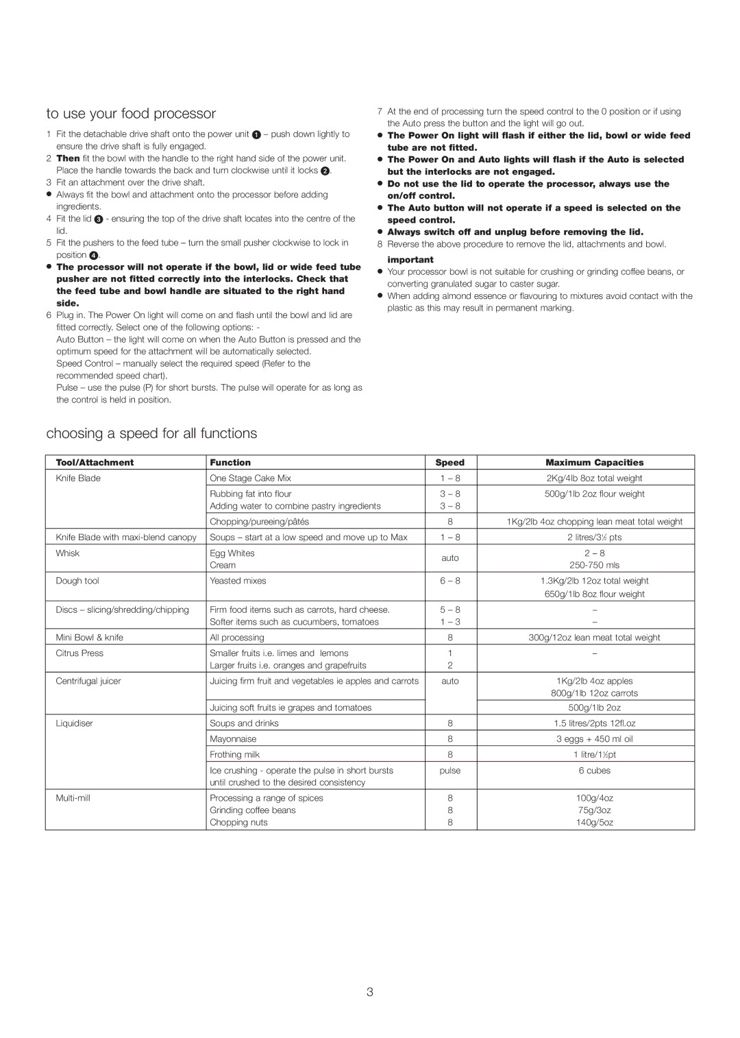 Kenwood FP980 manual To use your food processor, Choosing a speed for all functions 