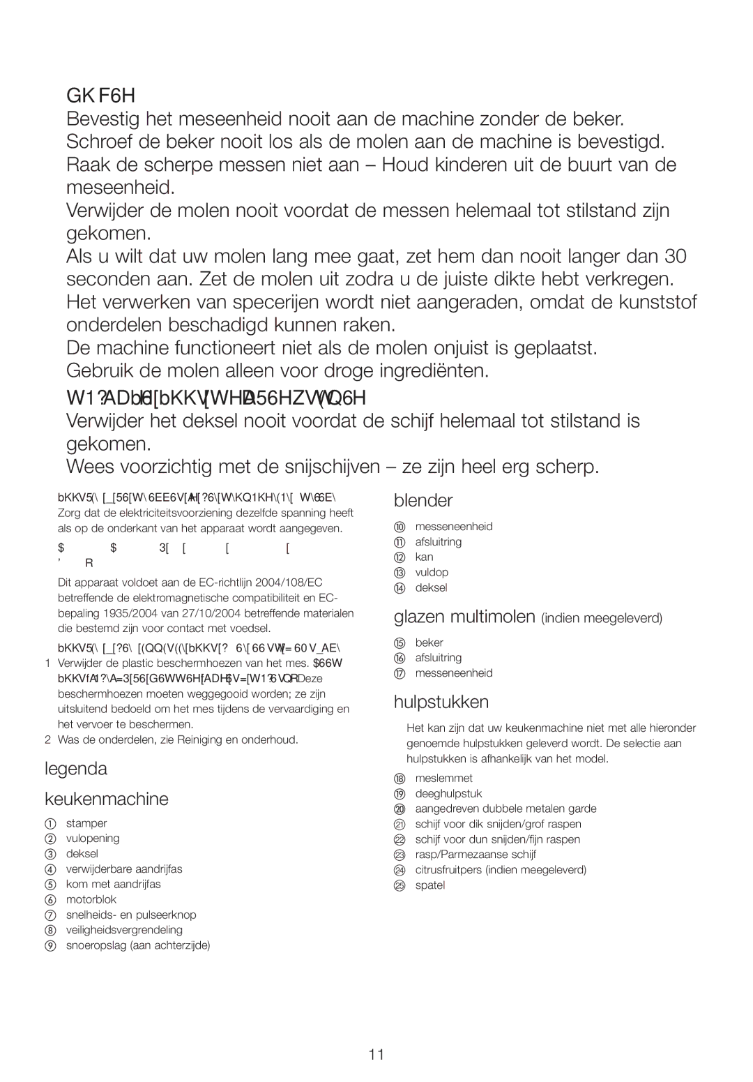 Kenwood FPM25 manual Molen, Keukenmachine, Blender, Hulpstukken, Glazen multimolen indien meegeleverd 