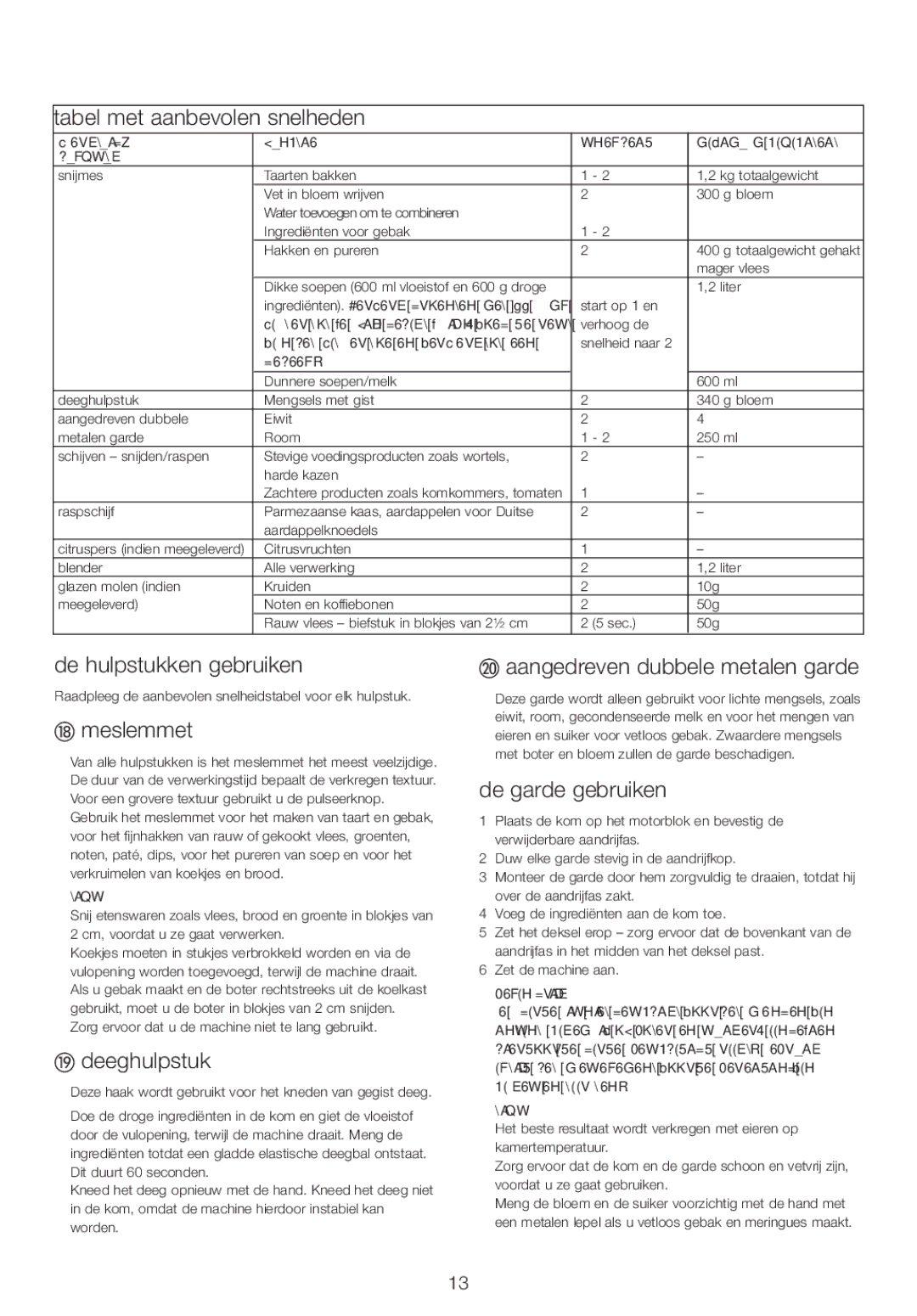 Kenwood FPM25 manual Tabel met aanbevolen snelheden, De hulpstukken gebruiken, Meslemmet, Deeghulpstuk, De garde gebruiken 