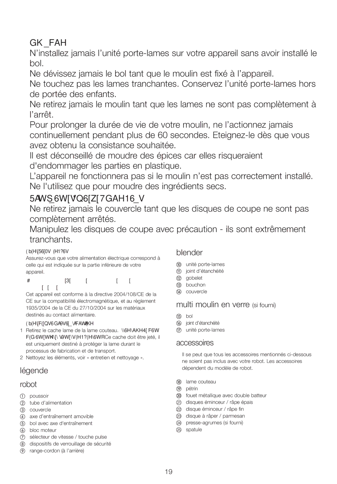Kenwood FPM25 manual Moulin, Légende Robot, Multi moulin en verre si fourni, Accessoires 