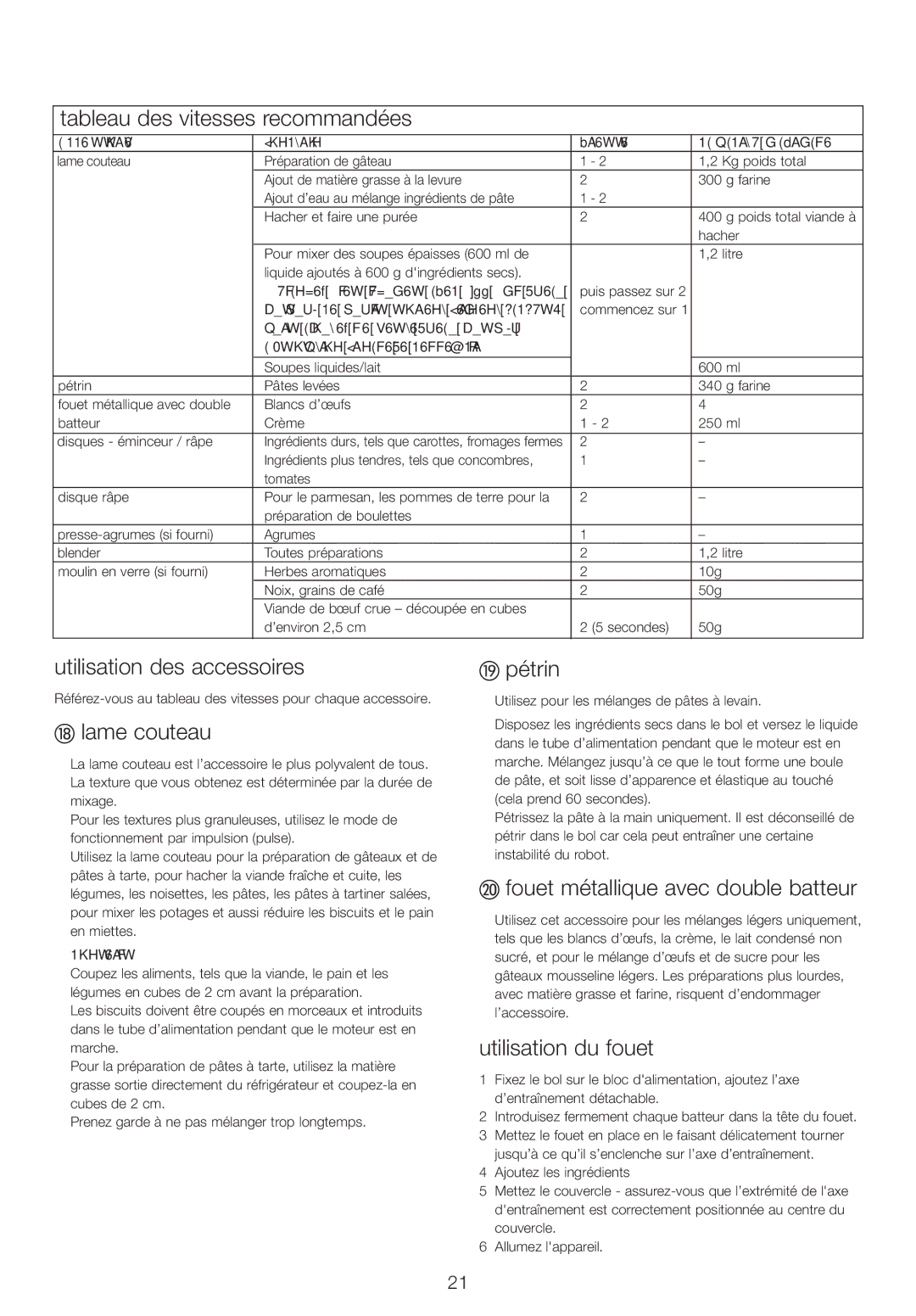 Kenwood FPM25 Tableau des vitesses recommandées, Utilisation des accessoires, Lame couteau, Pétrin, Utilisation du fouet 