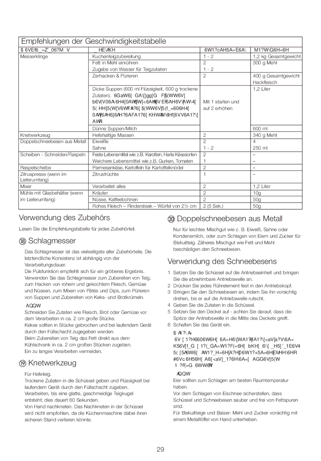 Kenwood FPM25 manual Empfehlungen der Geschwindigkeitstabelle, Verwendung des Zubehörs, Schlagmesser, Knetwerkzeug 