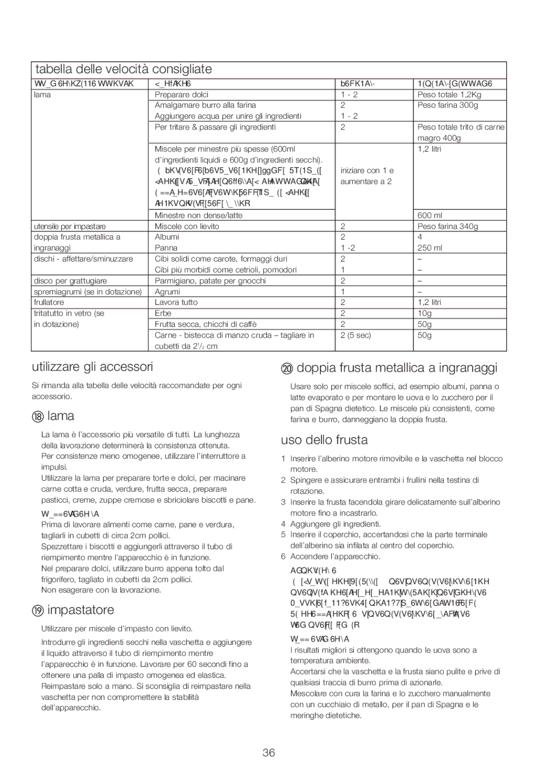 Kenwood FPM25 manual Tabella delle velocità consigliate, Utilizzare gli accessori, Lama, Impastatore, Uso dello frusta 