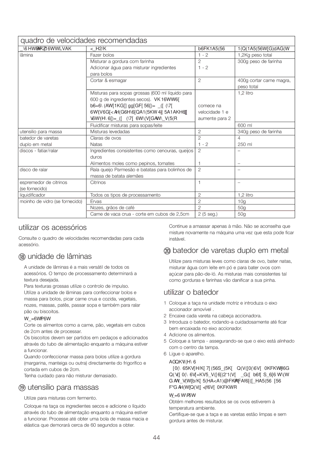 Kenwood FPM25 manual Quadro de velocidades recomendadas, Utilizar os acessórios, Unidade de lâminas, Utensílio para massas 