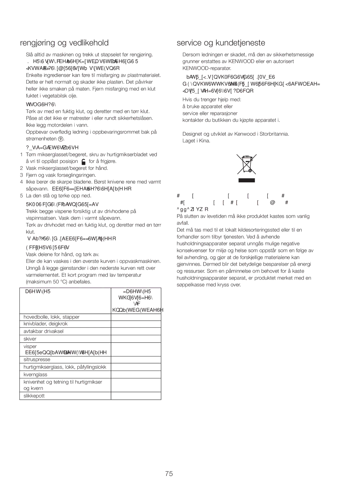 Kenwood FPM25 manual Rengjøring og vedlikehold, Service og kundetjeneste 