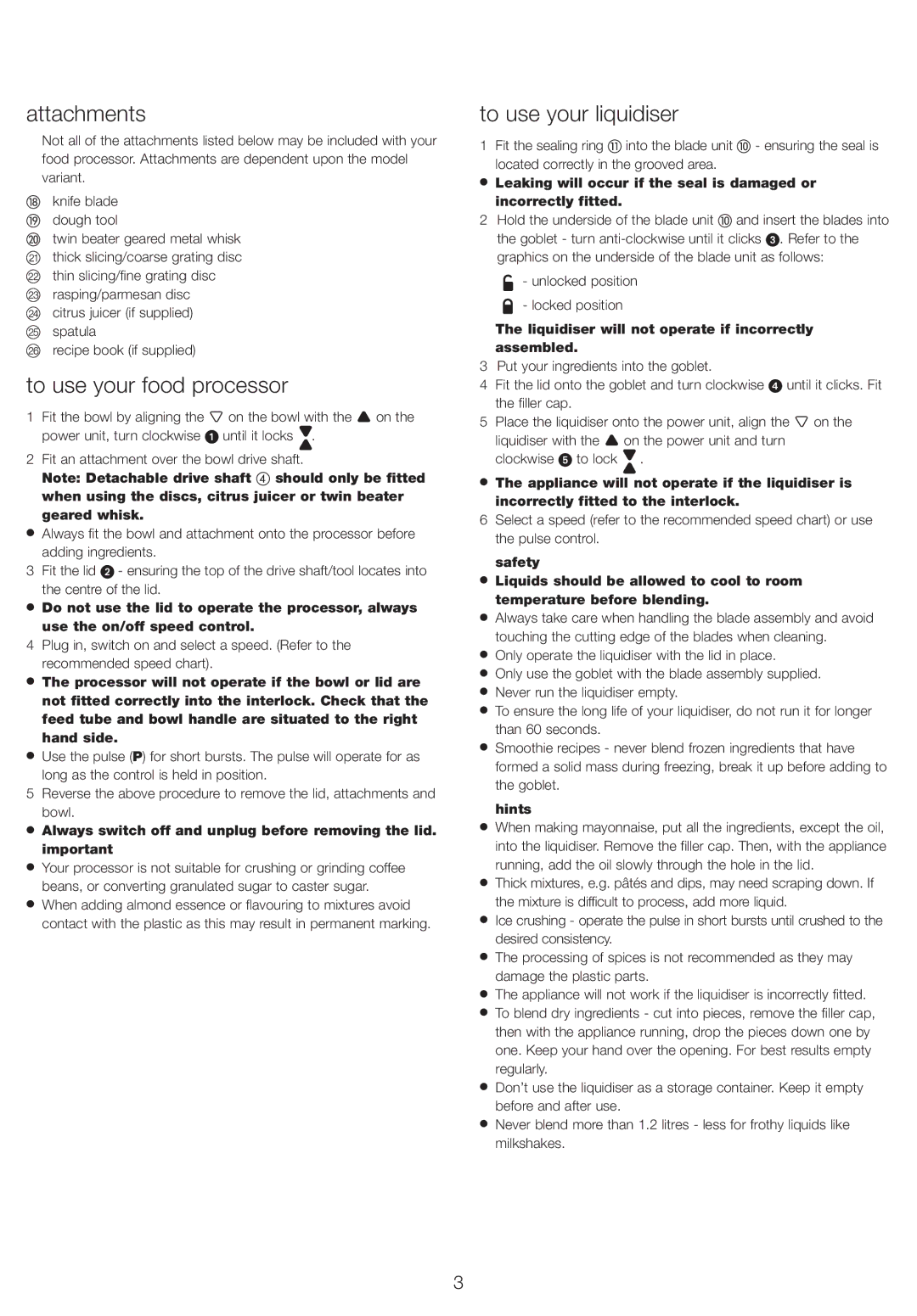 Kenwood FPM250 manual Attachments, To use your food processor, To use your liquidiser, Hints 