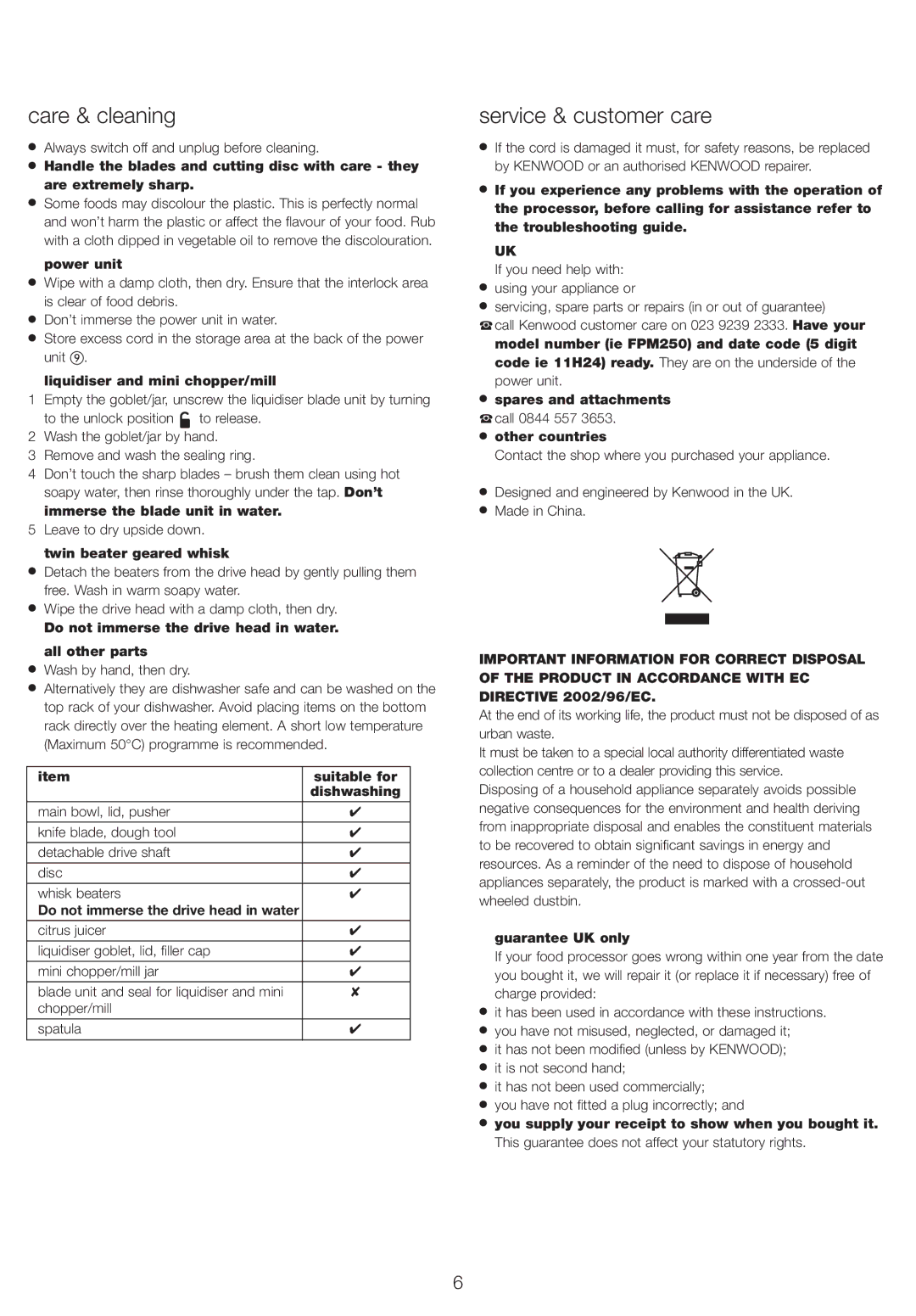 Kenwood FPM250 manual Care & cleaning, Service & customer care 