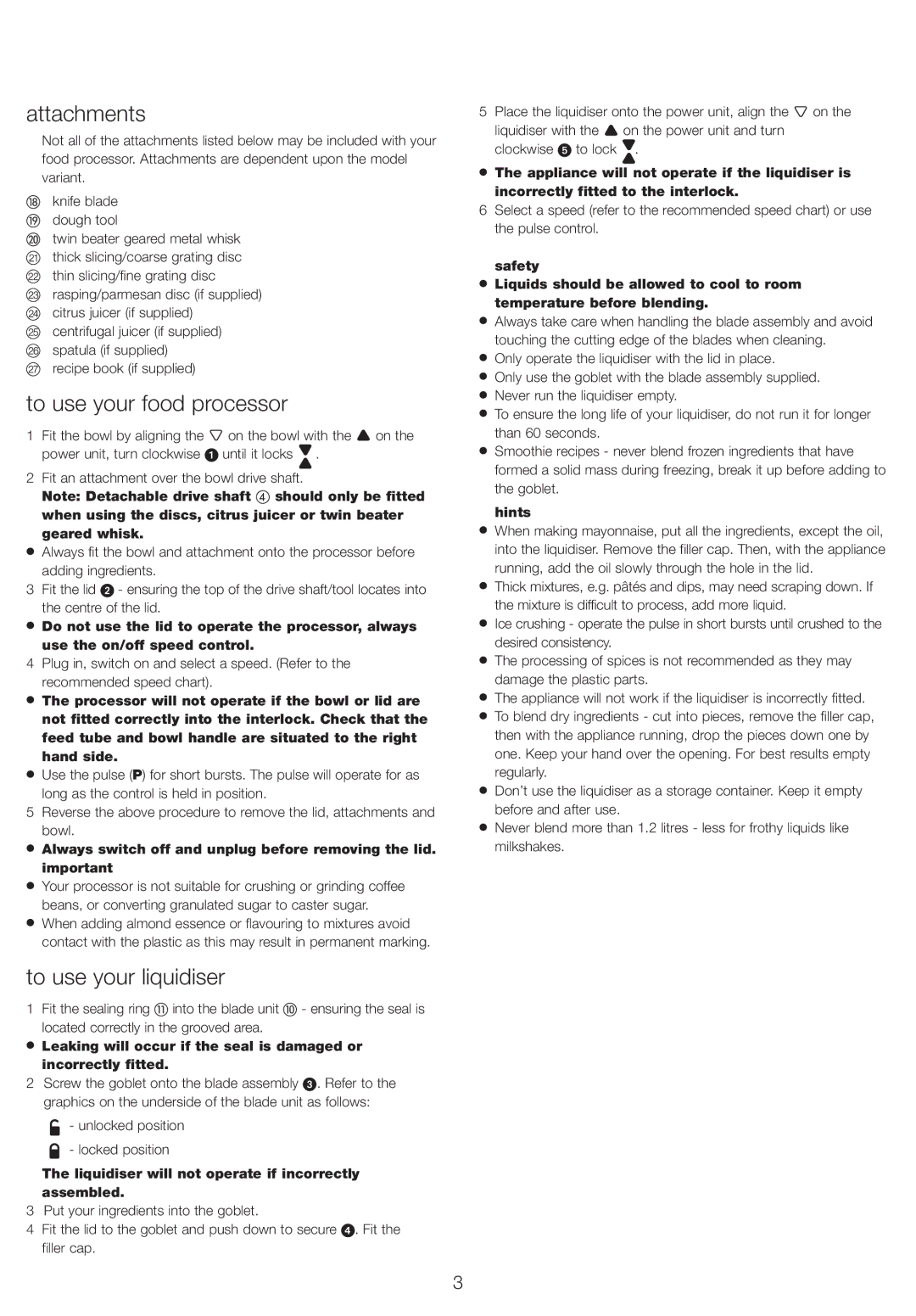 Kenwood FPM270, FPM260 manual Attachments, To use your food processor, To use your liquidiser, Hints 