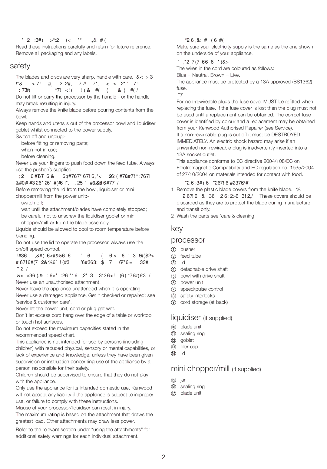 Kenwood FPP210 series, FPP220 series, FPP230 series manual Safety, Key Processor, Mini chopper/mill if supplied 