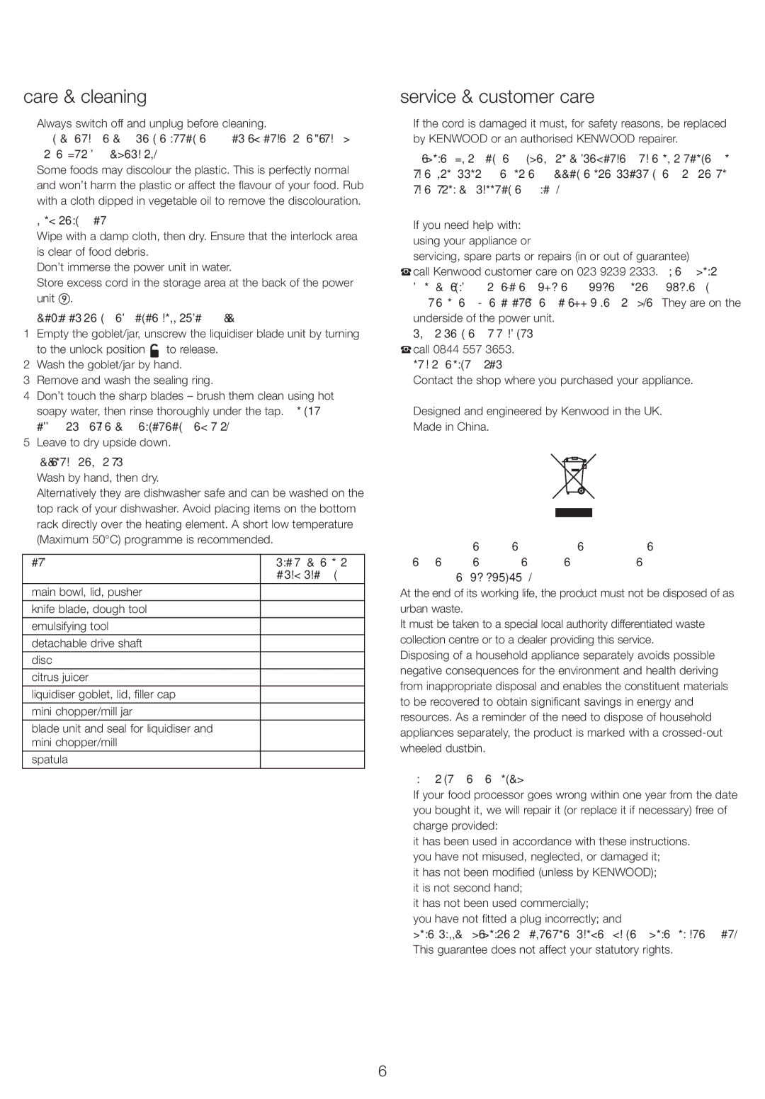 Kenwood FPP220 series, FPP210 series, FPP230 series manual Care & cleaning, Service & customer care 