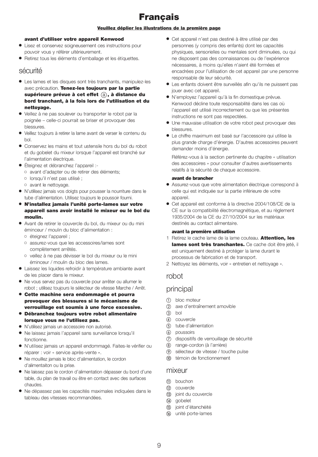 Kenwood FPX930 manual Sécurité, Robot principal, Mixeur, Avant d’utiliser votre appareil Kenwood, Avant de brancher 
