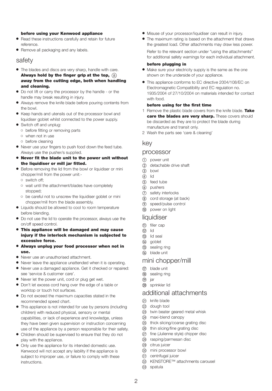 Kenwood FPX930 manual Safety, Key processor, Liquidiser, Mini chopper/mill, Additional attachments 