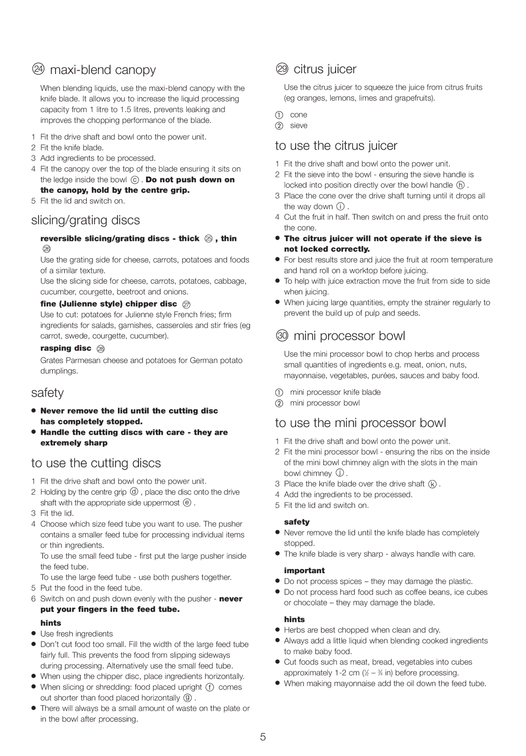 Kenwood FPX930 Maxi-blend canopy, Slicing/grating discs, To use the cutting discs, Citrus juicer, To use the citrus juicer 