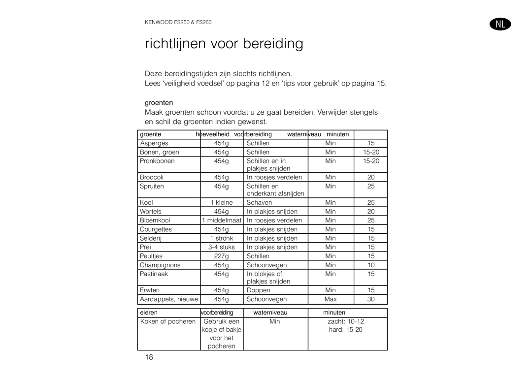 Kenwood FS260 manual Richtlijnen voor bereiding, Groenten 