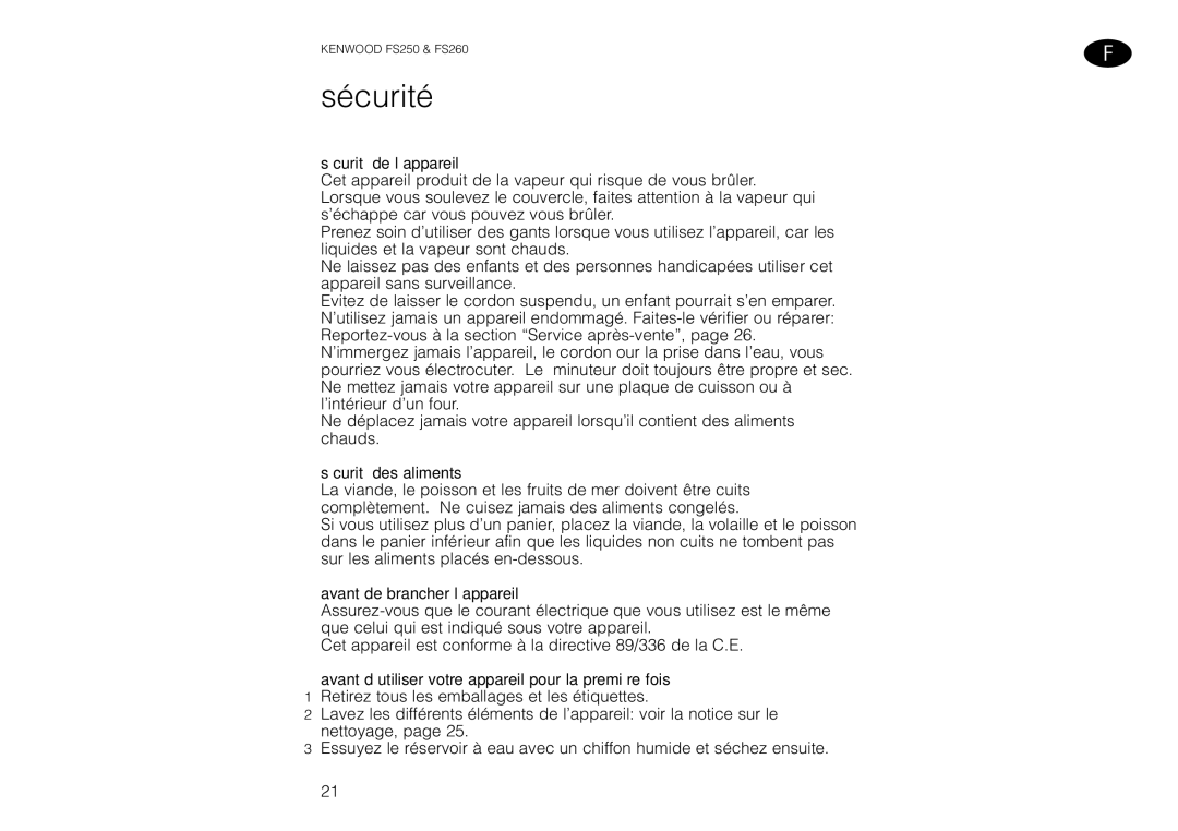 Kenwood FS260 manual Sécurité de l’appareil, Sécurité des aliments, Avant de brancher l’appareil 