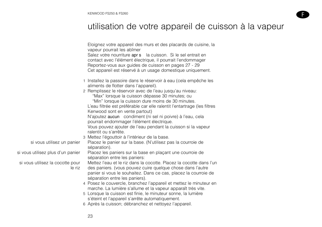 Kenwood FS260 manual Utilisation de votre appareil de cuisson à la vapeur 