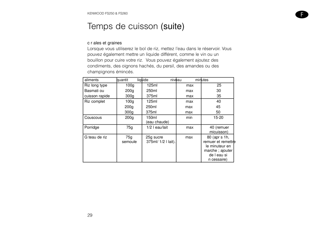 Kenwood FS260 manual Céréales et graines, 25g sucre 