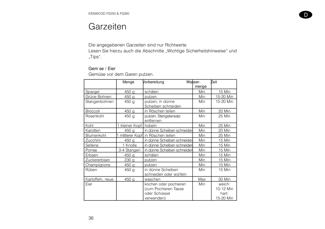 Kenwood FS260 manual Garzeiten, Gemüse / Eier 