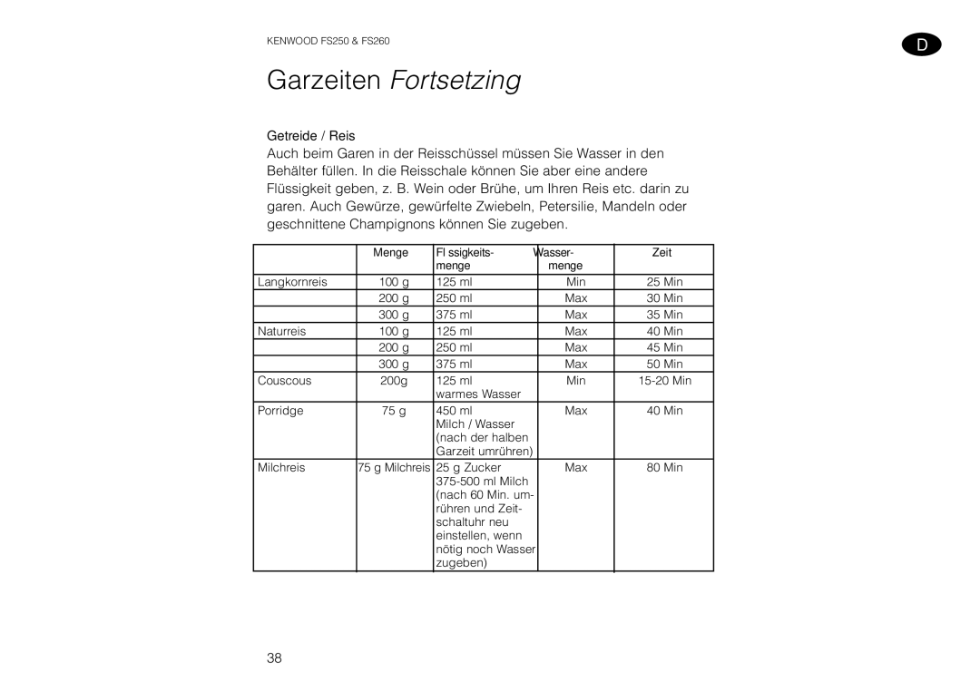 Kenwood FS260 manual Getreide / Reis 