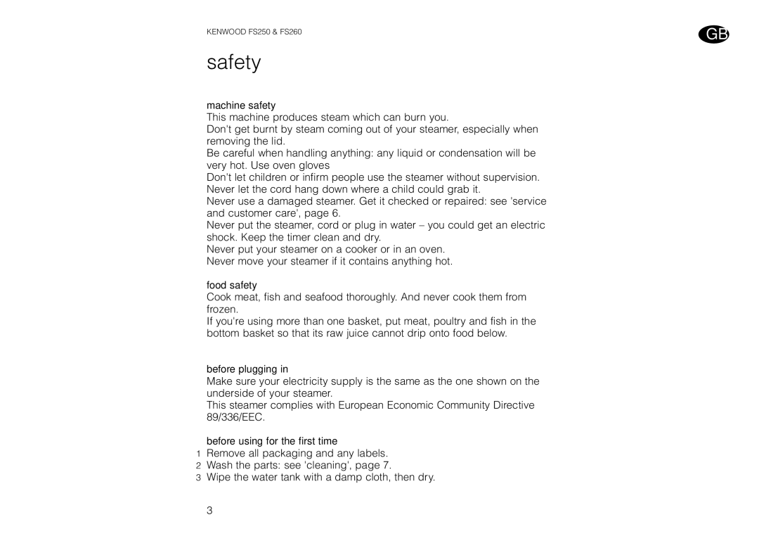 Kenwood FS260 manual Safety, Machine safety, Before plugging, Before using for the first time 