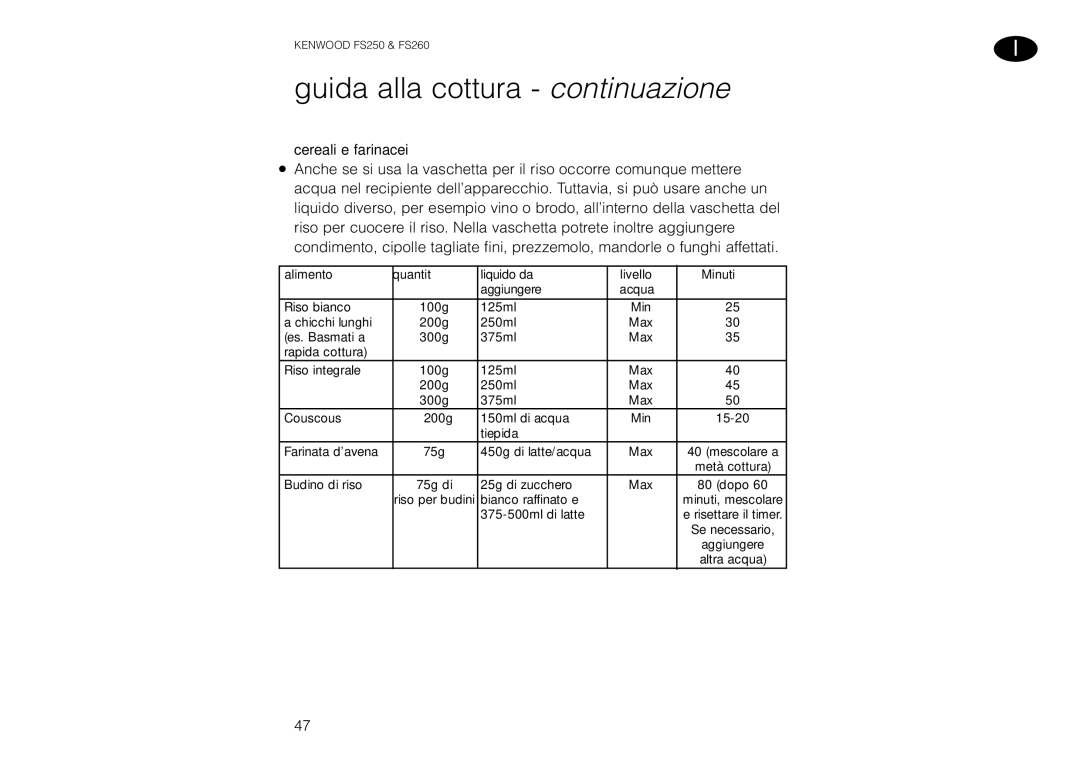 Kenwood FS260 manual Cereali e farinacei 