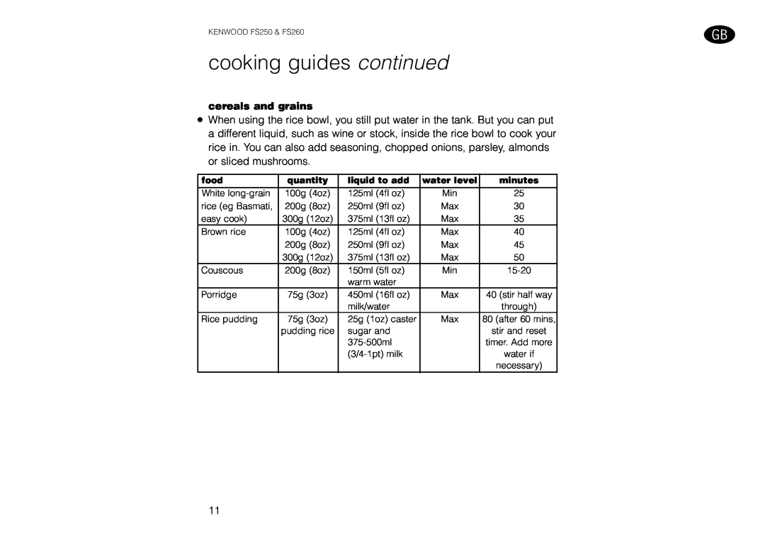 Kenwood FS260 manual cereals and grains, cooking guides continued 