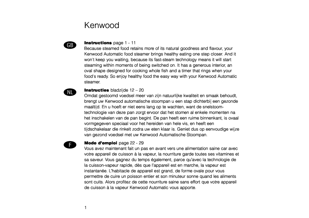 Kenwood FS260 manual Kenwood, Gb Nl, Instructions page 1, Mode d’emploi page 22 