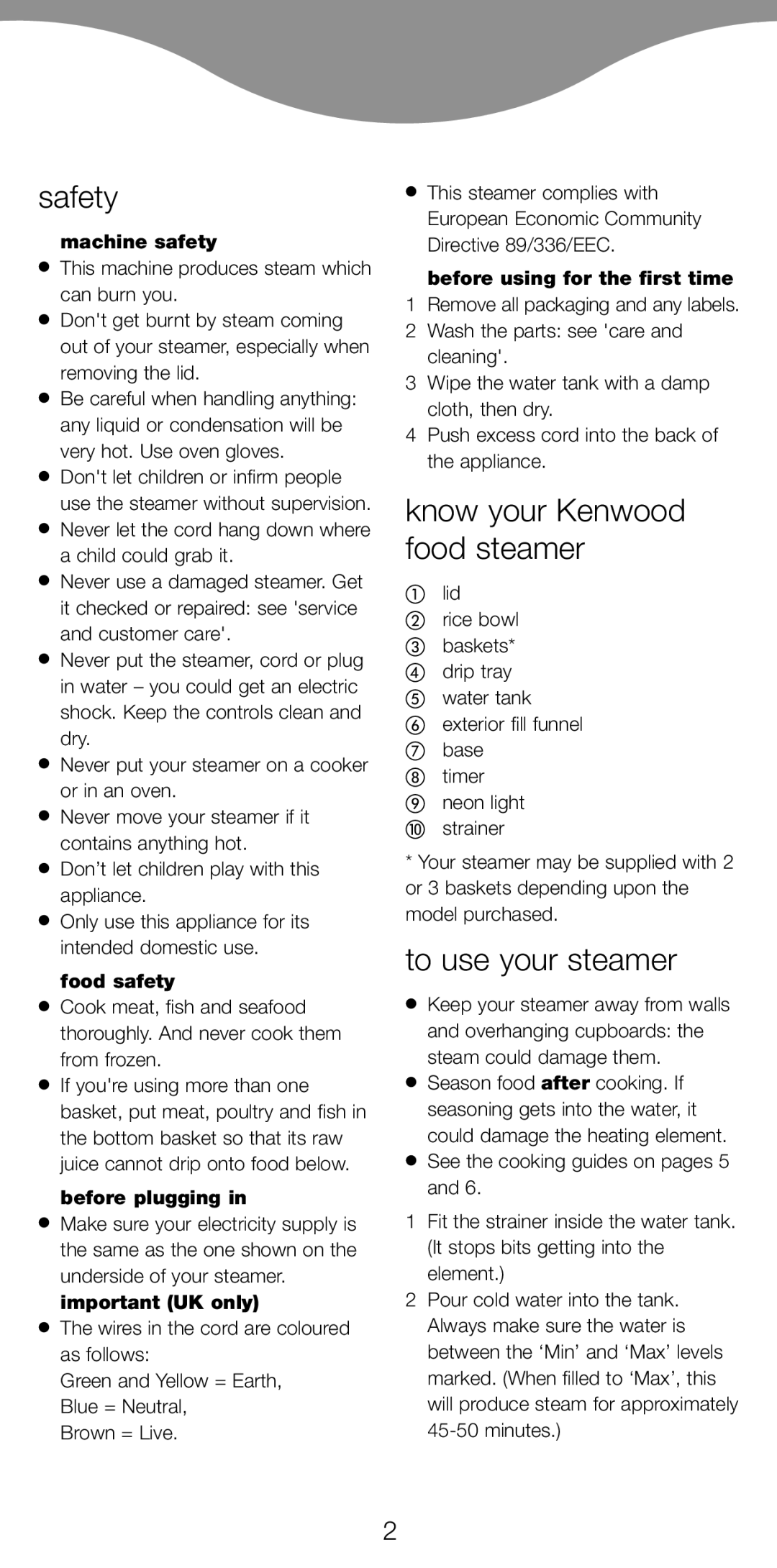 Kenwood FS360, FS350 manual Safety, Know your Kenwood food steamer, To use your steamer 