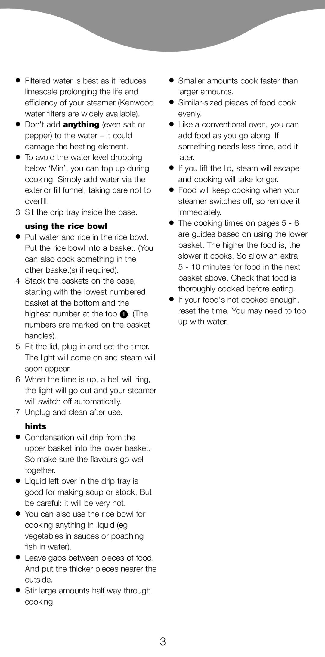 Kenwood FS350, FS360 manual Using the rice bowl, Hints 