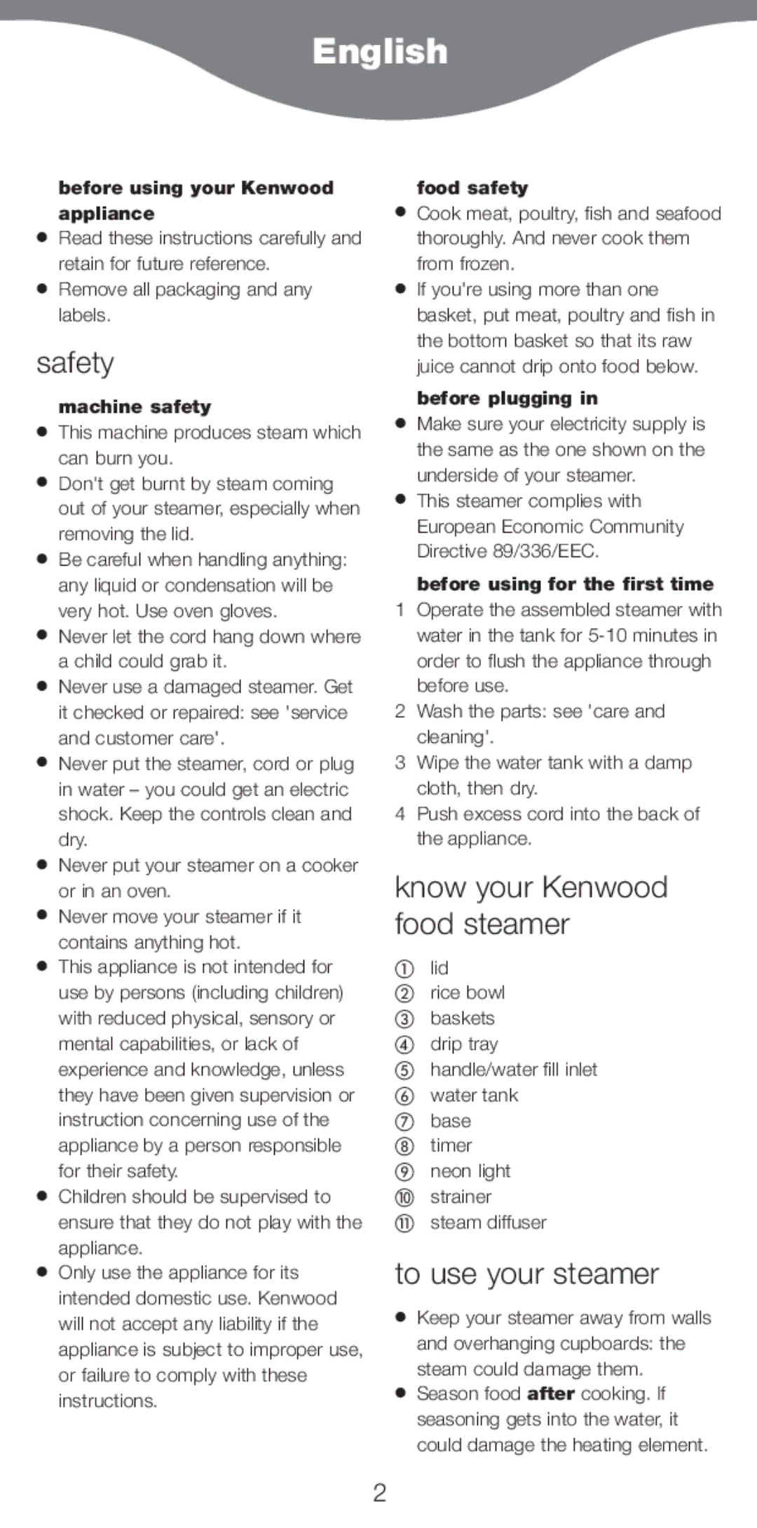 Kenwood FS370 manual English, Safety, Know your Kenwood food steamer, To use your steamer 