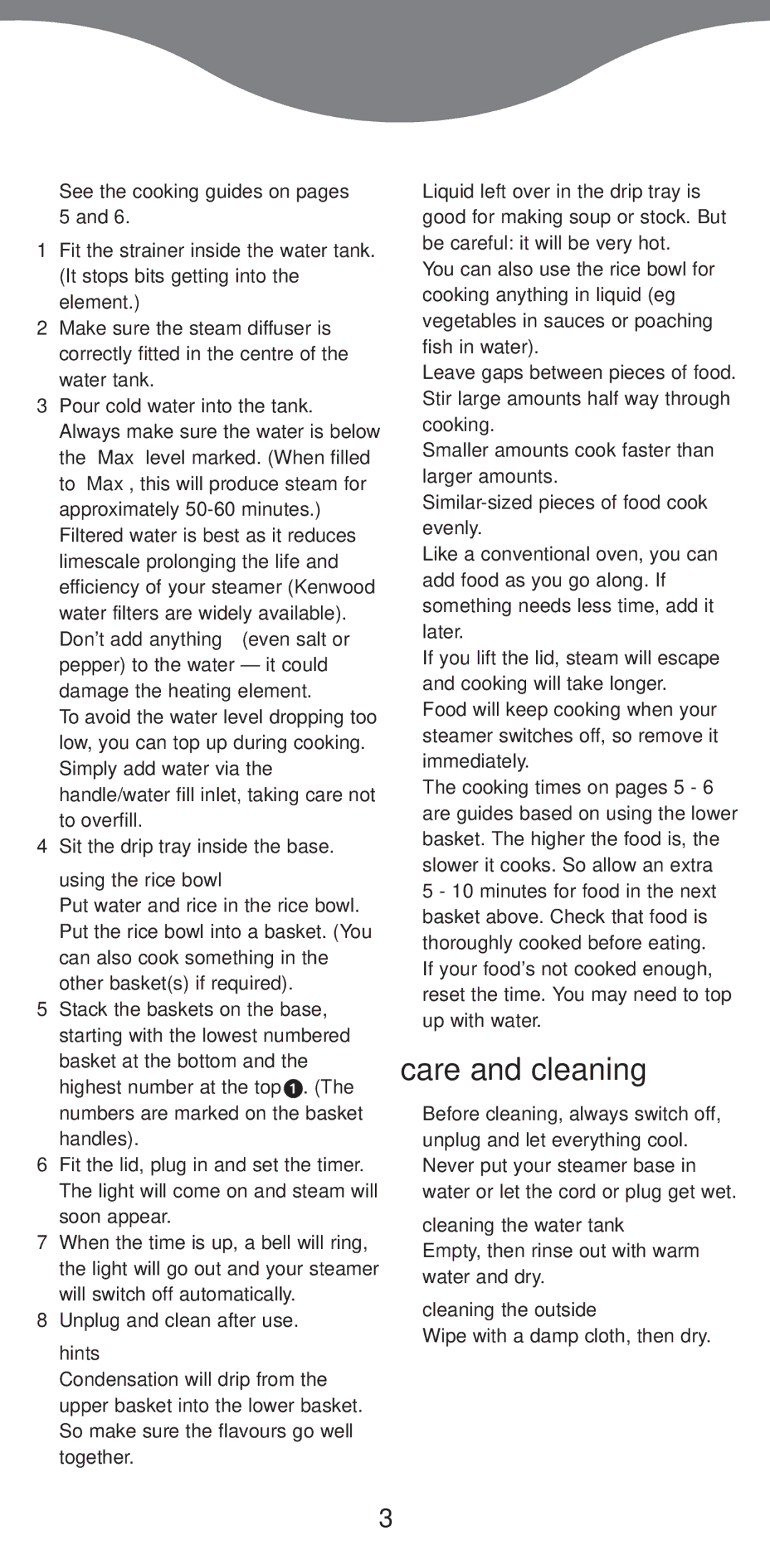 Kenwood FS370 manual Care and cleaning, Using the rice bowl, Hints, Cleaning the water tank, Cleaning the outside 